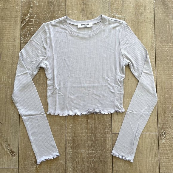 DOUBLE ZERO WOMENS LILAC FOG LETTUCE EDGE & CUFFS/LONG SLEEVES CROP TOP - NWT - - Picture 2 of 10